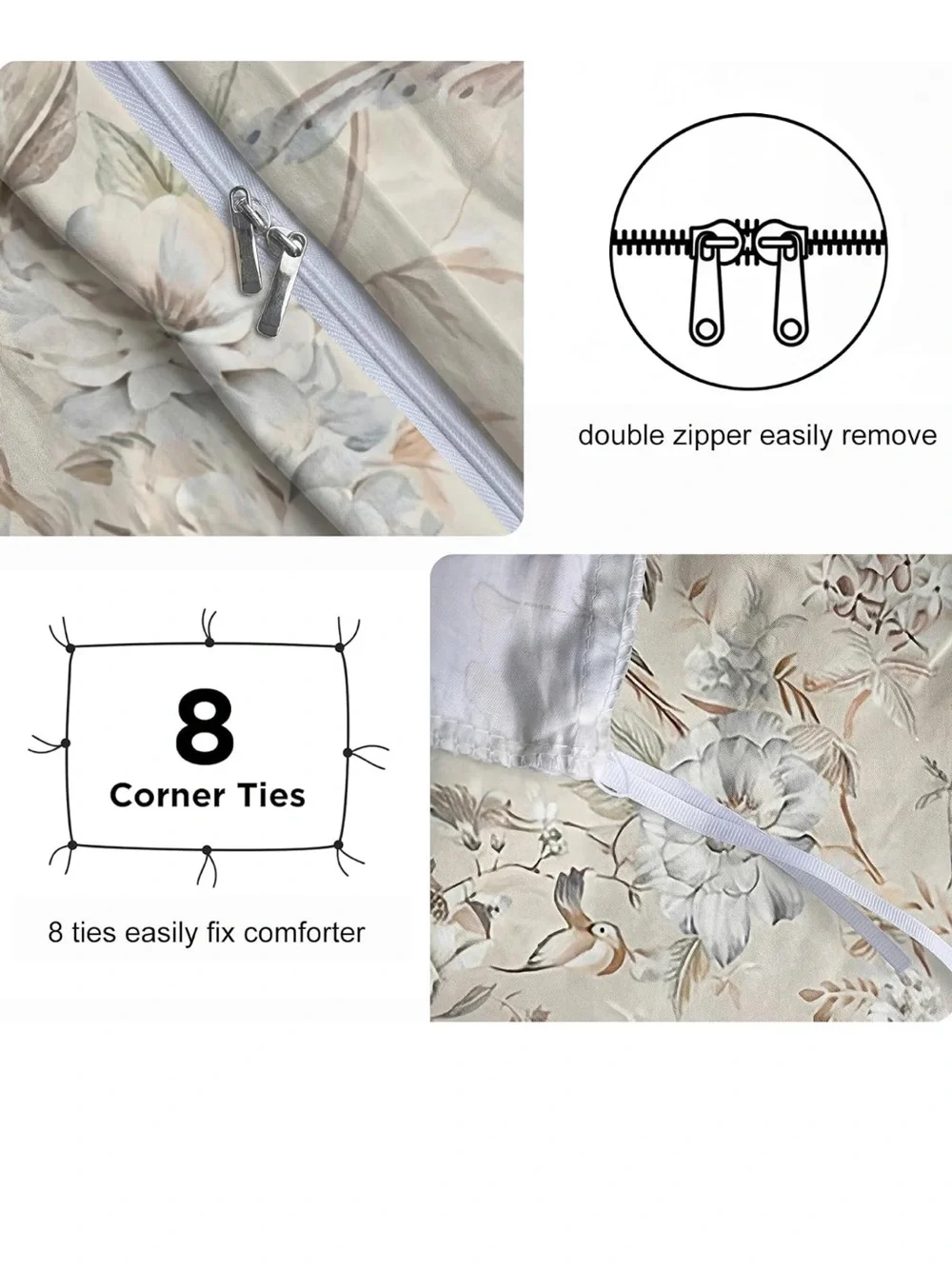 Bedding_Dreamer King Duvet Cover Set, 3-Piece 100% Cotton Twill Bird and Floral